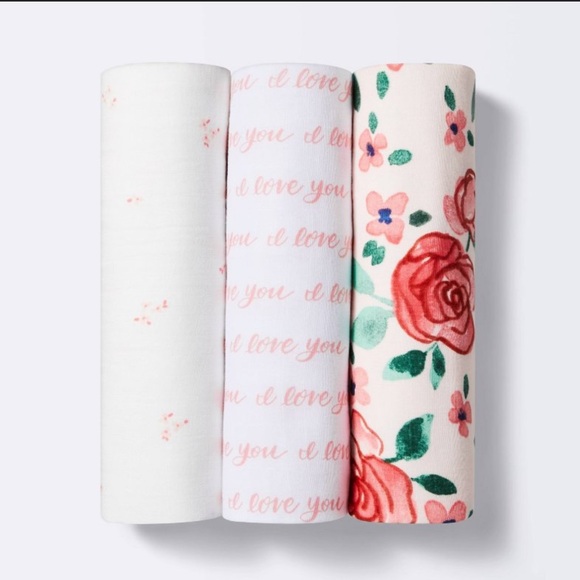 Cloud Island Pink and White Floral Muslin Baby Blankets - Picture 3 of 3